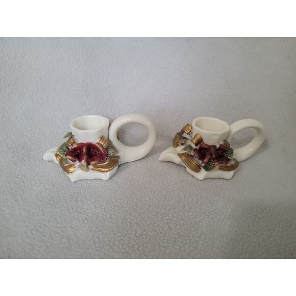 Set 2 Fall Maple Leaf Candle Stick Holder Roses Vintage Ceramic - Picture 8 of 11